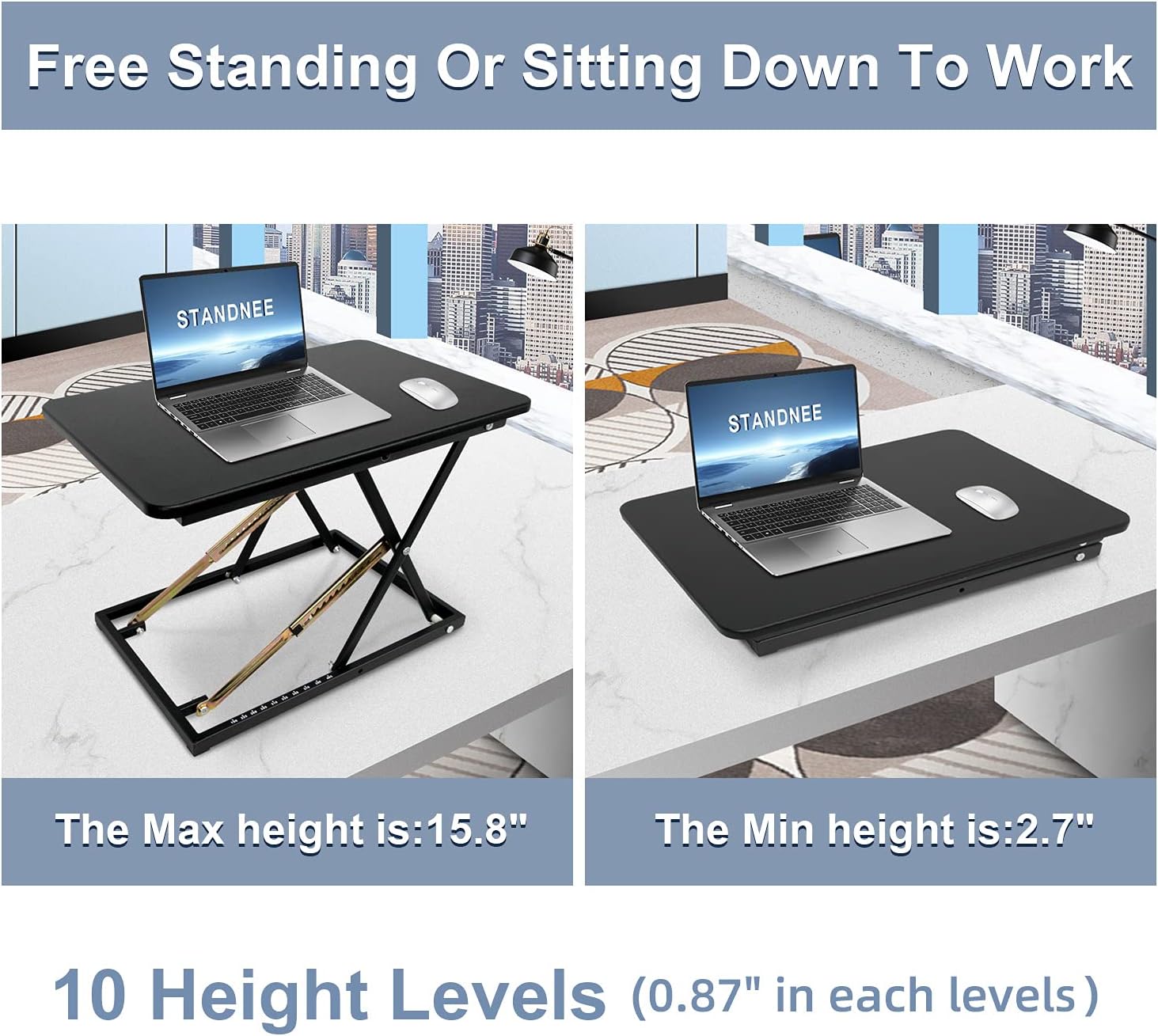 STANDNEE Standing Desk Converter, Height Adjustable Stand up Desk Riser, Fully Assembled Monitor Laptop Riser Workstation, Sit to Stand Desk for Home Office, Black.: Kitchen & Dining