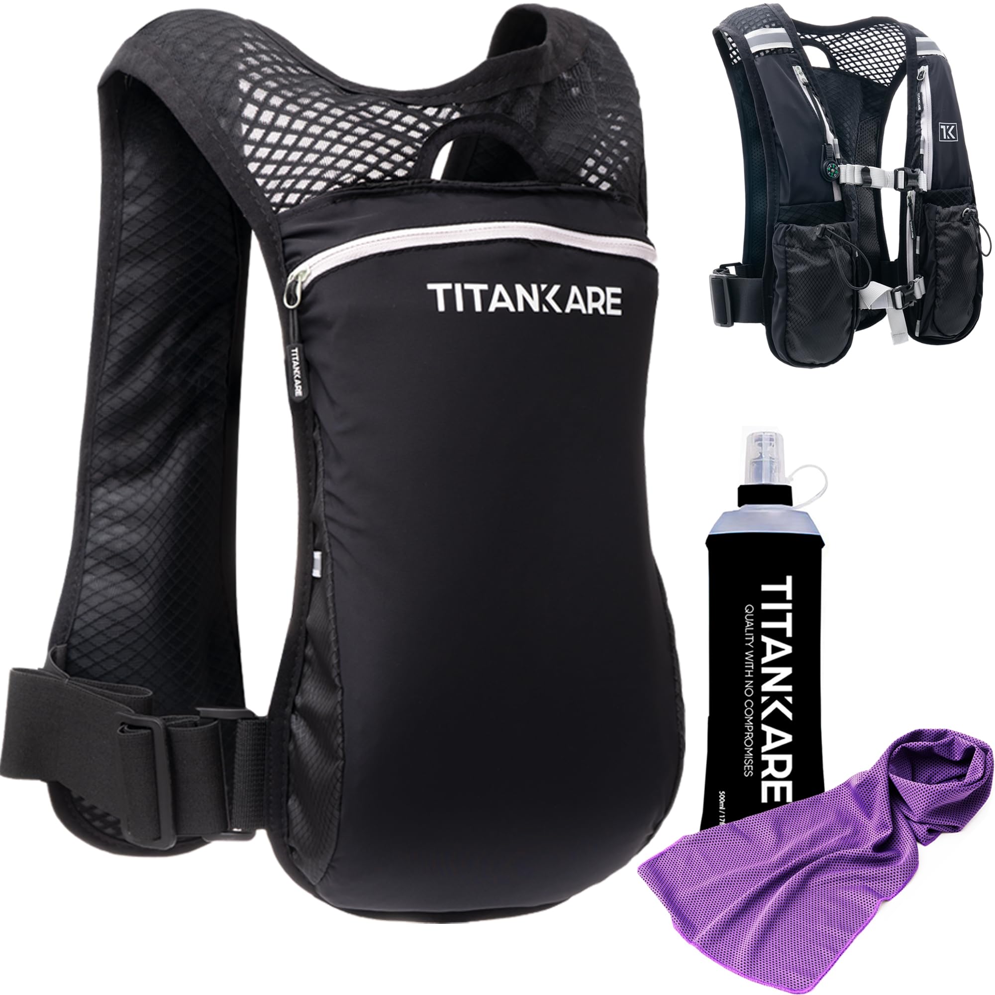 TITANKARE Hiking Backpack Running Vest – Elite Series 5L Vest with Pockets, Lightweight Water Bottle, Phone Holder, Adjustable Reflective Marathon Trail Running Gear Hiking Backpack for Women and Men