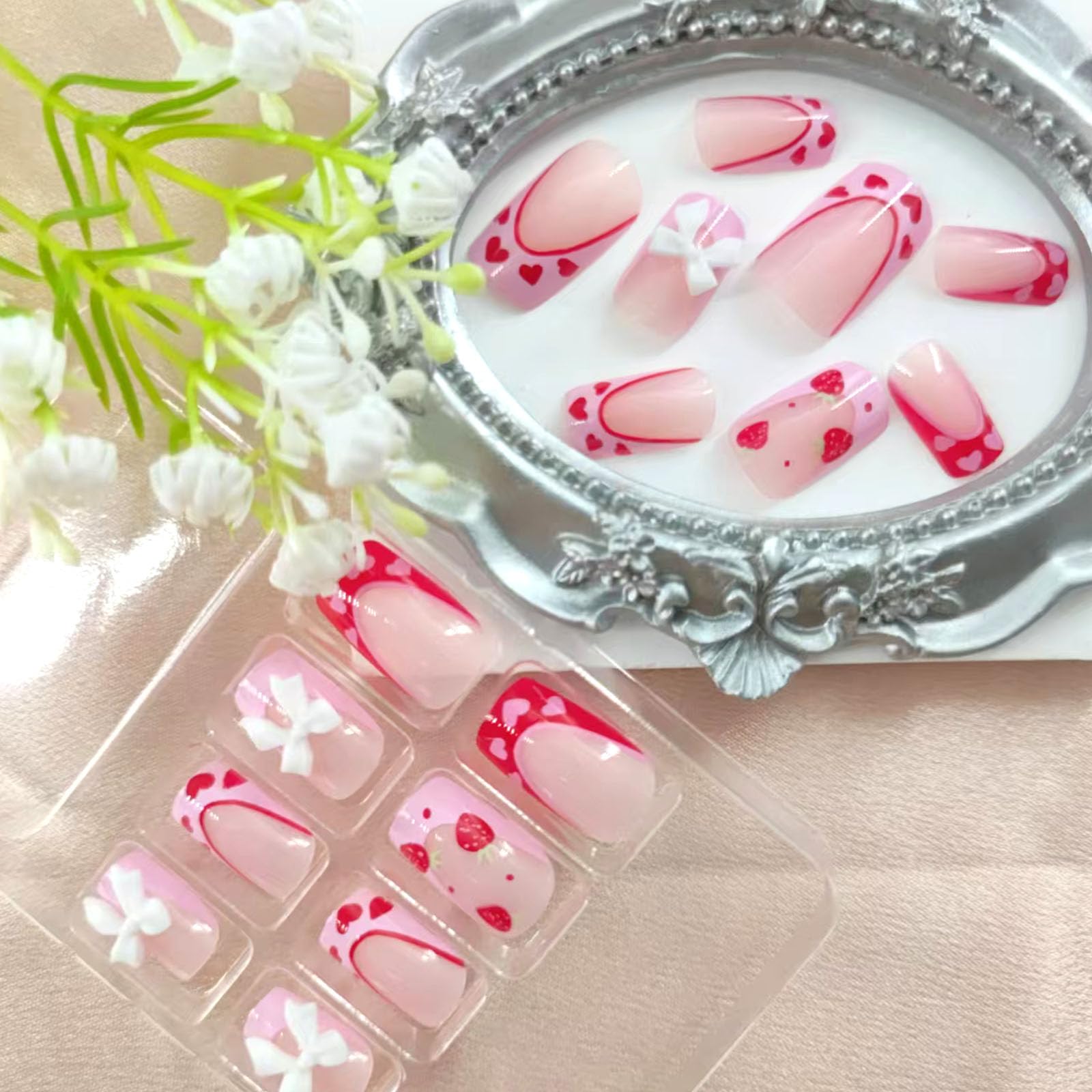 Press on Nails Medium Square With Bow Strawberry Designs Pink French Tip Red Acrylic Nude False Heart Stick on for Women 24Pcs - Image 2