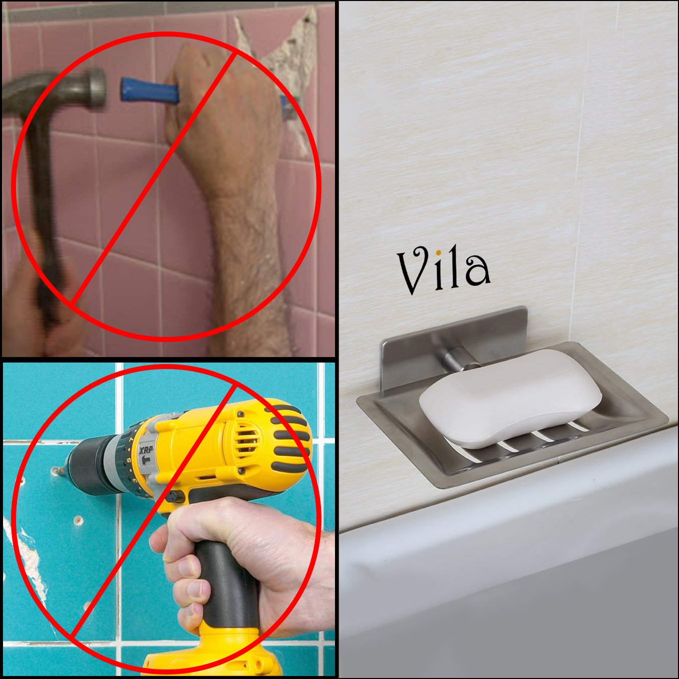 Stainless Steel Shower Soap Dish Holder by Vila -- Helps your soap last longer - Stylishly prevents pathogen growth in Bathrooms - Lightweight, Practical - Easy to Install with Included Sticker