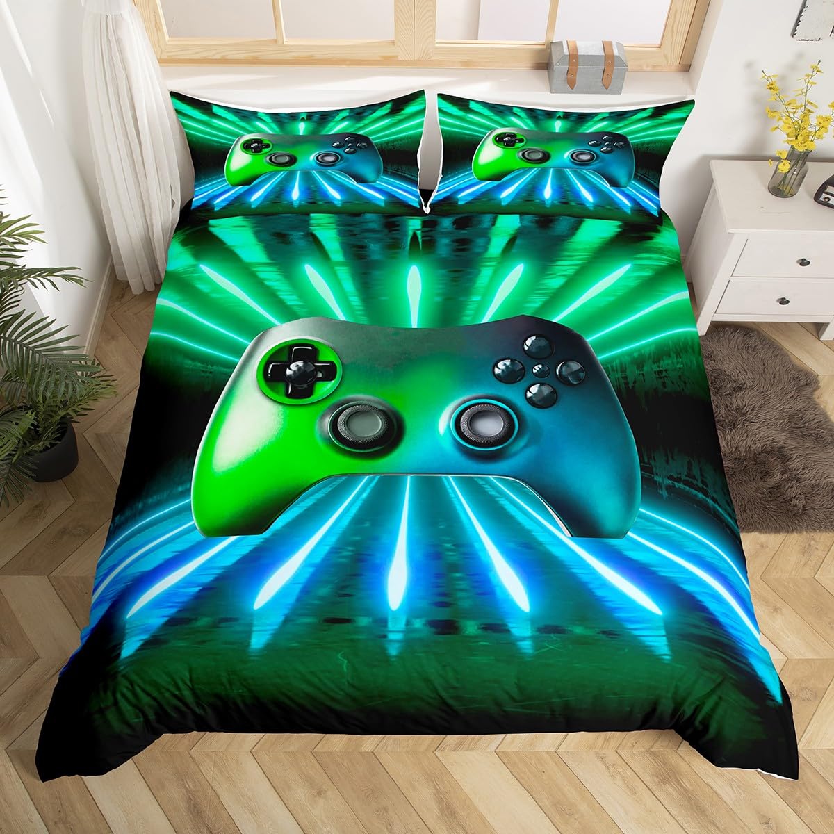 Homewish Green Blue Gamepad Bedding Set Game Player Comforter Cover Single Size Modern Gamer Gaming Duvet Cover Neon Trippy Bedding Set For Kids Boys Girls Teens Young Man Room Decor — image 1