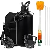 YONICOER Insulated Water Bottle 128oz,Triple Wall Vacuum Stainless Steel(Dishwasher Safe),Leak Proof & Non-BPA,Flask Jug with Paracord Handle & Straw Spout Lids Sports Black