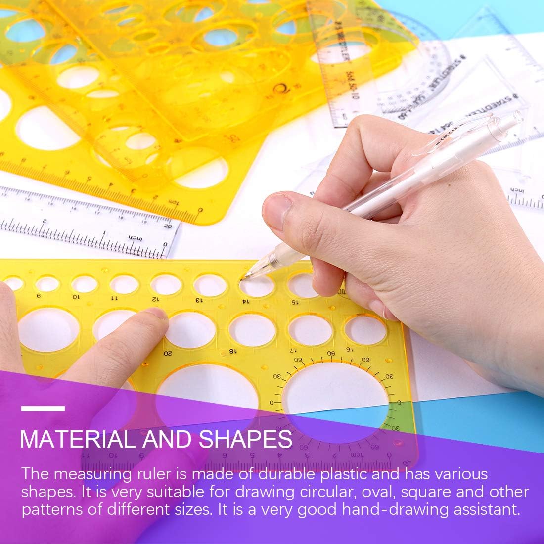 Swpeet 12Pcs Plastic Yellow Geometric Drawings Templates Kit, 4 Different Geometric Measuring Drawings Templates Stencils with 2Pcs Pencil and 4Pcs Measuring Ruler for Drawing Engineering Drafting : Office Products
