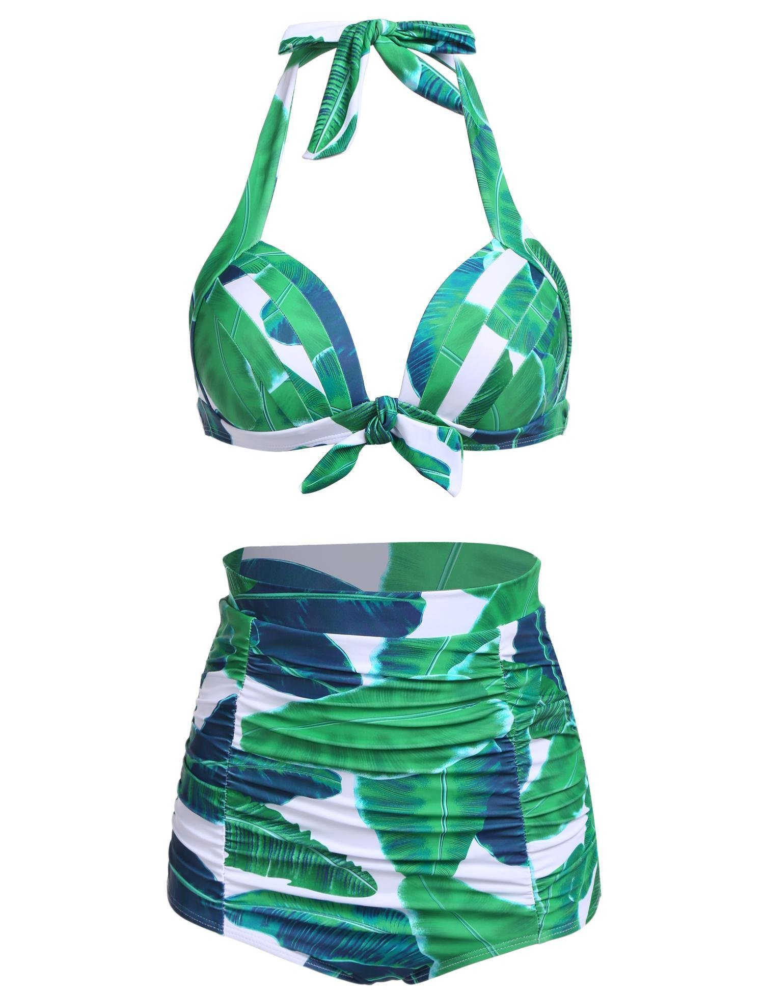 Ekouaer Two Piece High Waisted Swimsuits Halter 50s Retro Print Carnival Bikinis (Tropical Green Leaves, M)