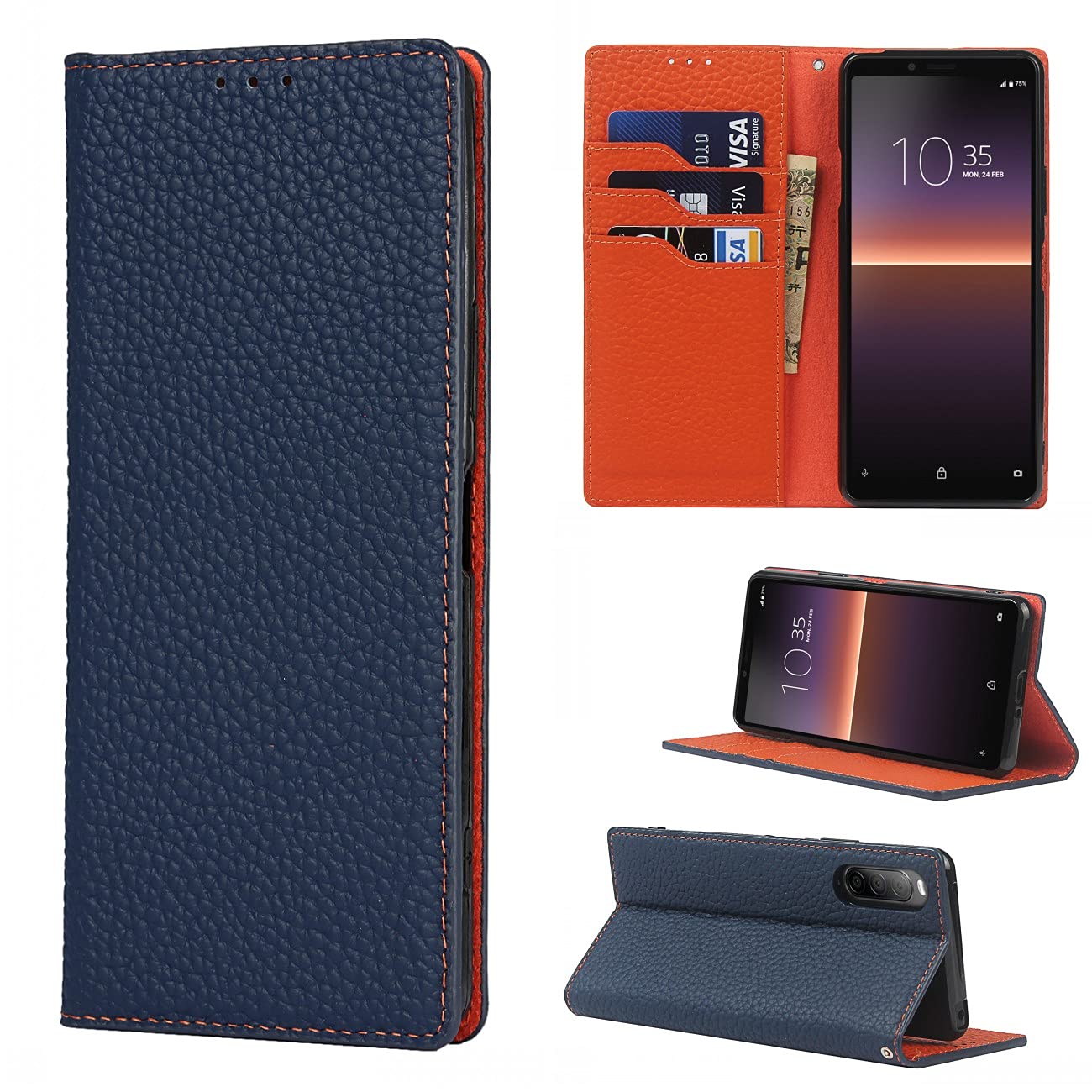 Copmob Phone Case Sony 10 II,Genuine Leather Flip Wallet Case,[3 Card Slots][Magnetic Closure][RFID-Blocking],Protective Case Cover for Sony Xperia 10 II - Dark Blue