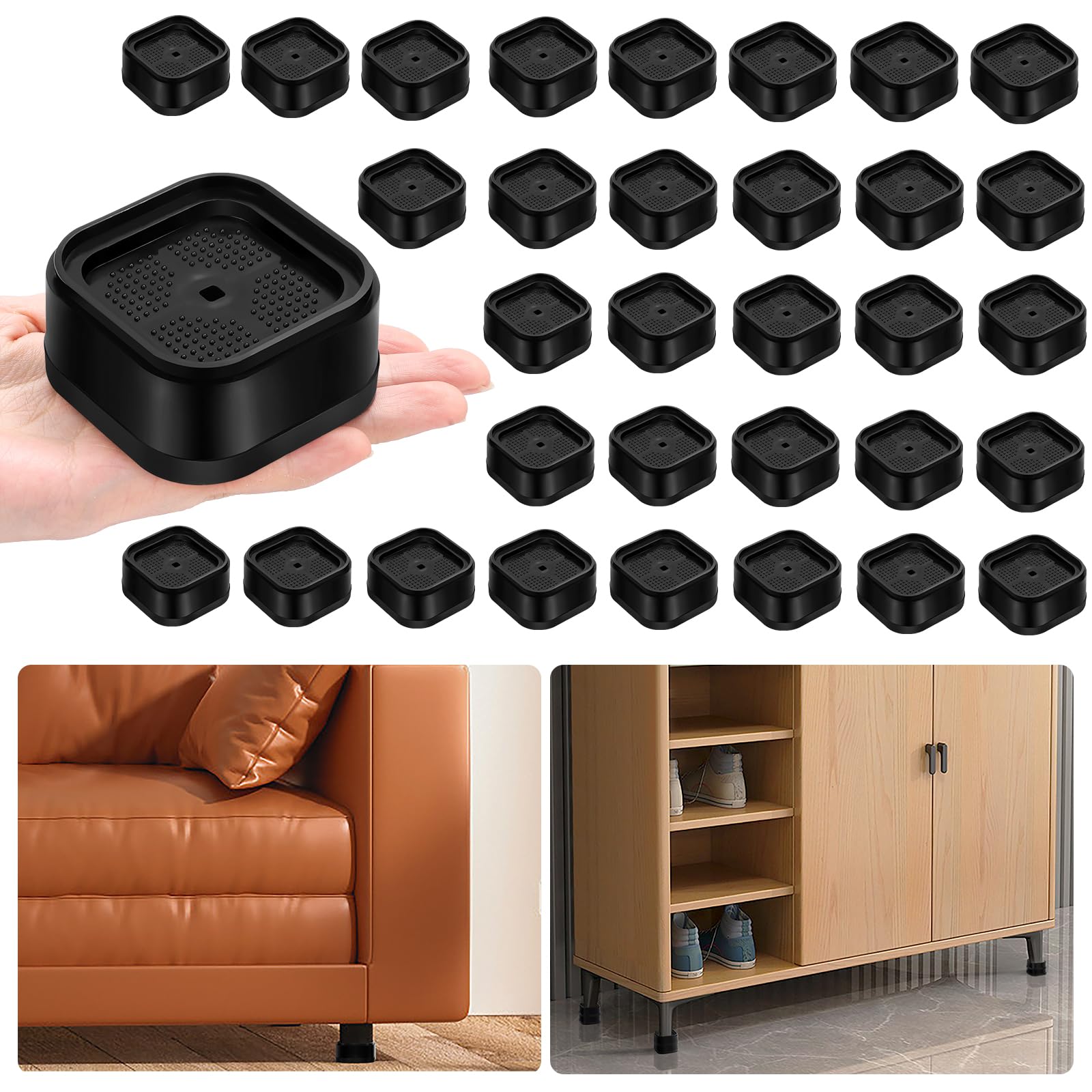 Photo 1 of shouwuhho 32 Pack Furniture Risers Adjustable Bed Risers Heavy Duty Lifts Height 1", Square Stackable Bed Risers 1, 2 or 3 Inch for Desk Leg Table Couch Sofa Chair Bed Frame Legs Dorm, Black