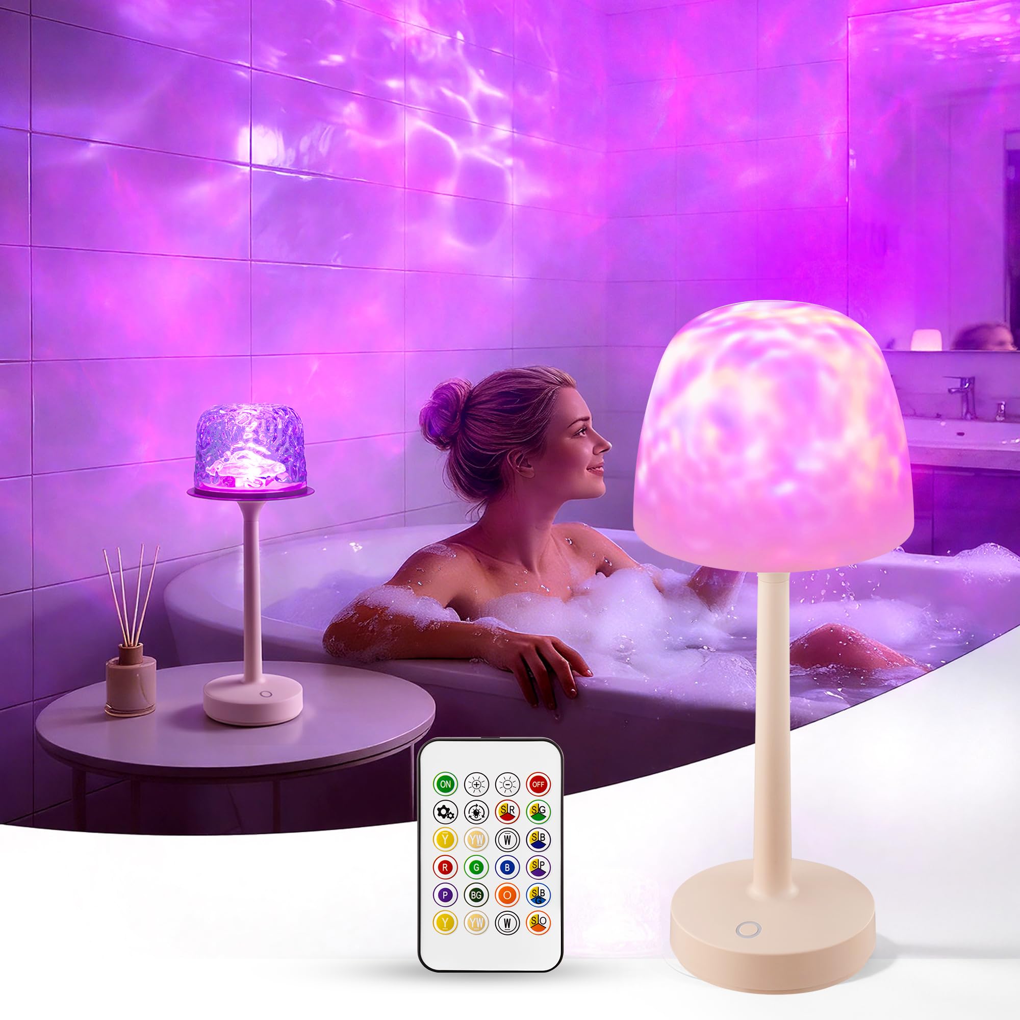 Photo 1 of Yoomue Waterproof Shower Lamp with Ocean Wave Projector for Bathroom, Cordless Rechargeable Bath Light with 16 Color Changing,Table Lamp with Soft 360?Glow for Bathtub, Night Shower & Relaxing Dating