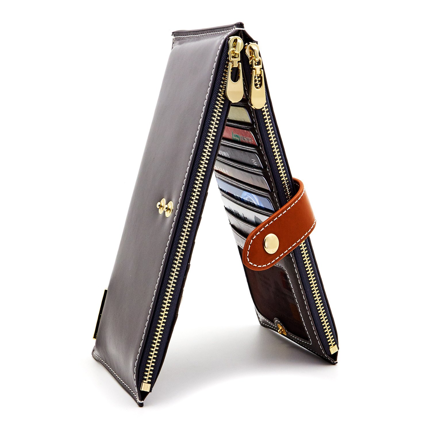 ANDOILT Women's Genuine Leather Wallet RFID Blocking Credit Card Holder Zipper Purse Cell Phone Handbag Gray