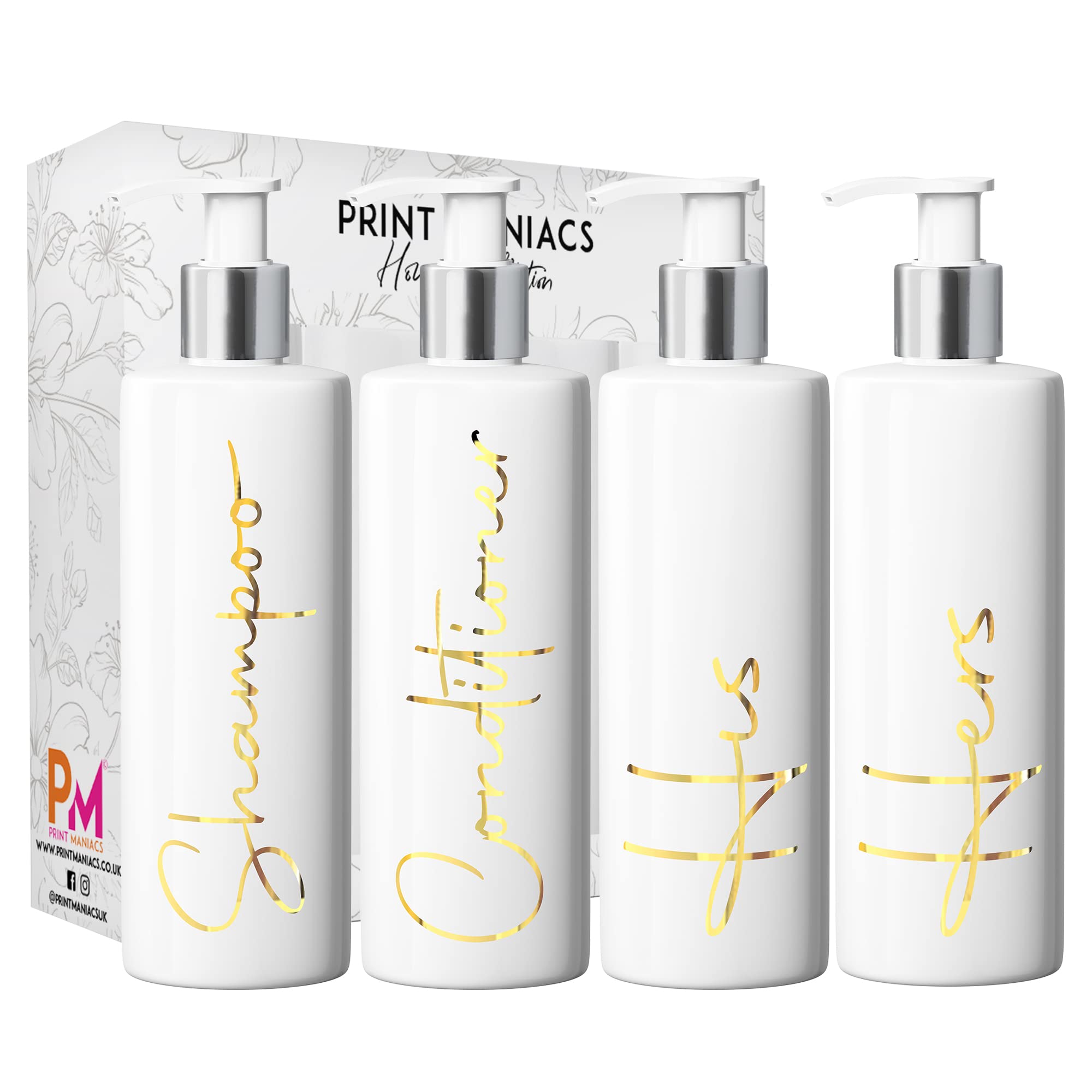 Print Maniacs White Mrs Hinch Inspired Personalised 500ml Pump Bottles Bathroom Lotion Kitchen Set Shampoo Conditioner (Set 4 His Her, F2 ) (Gold)
