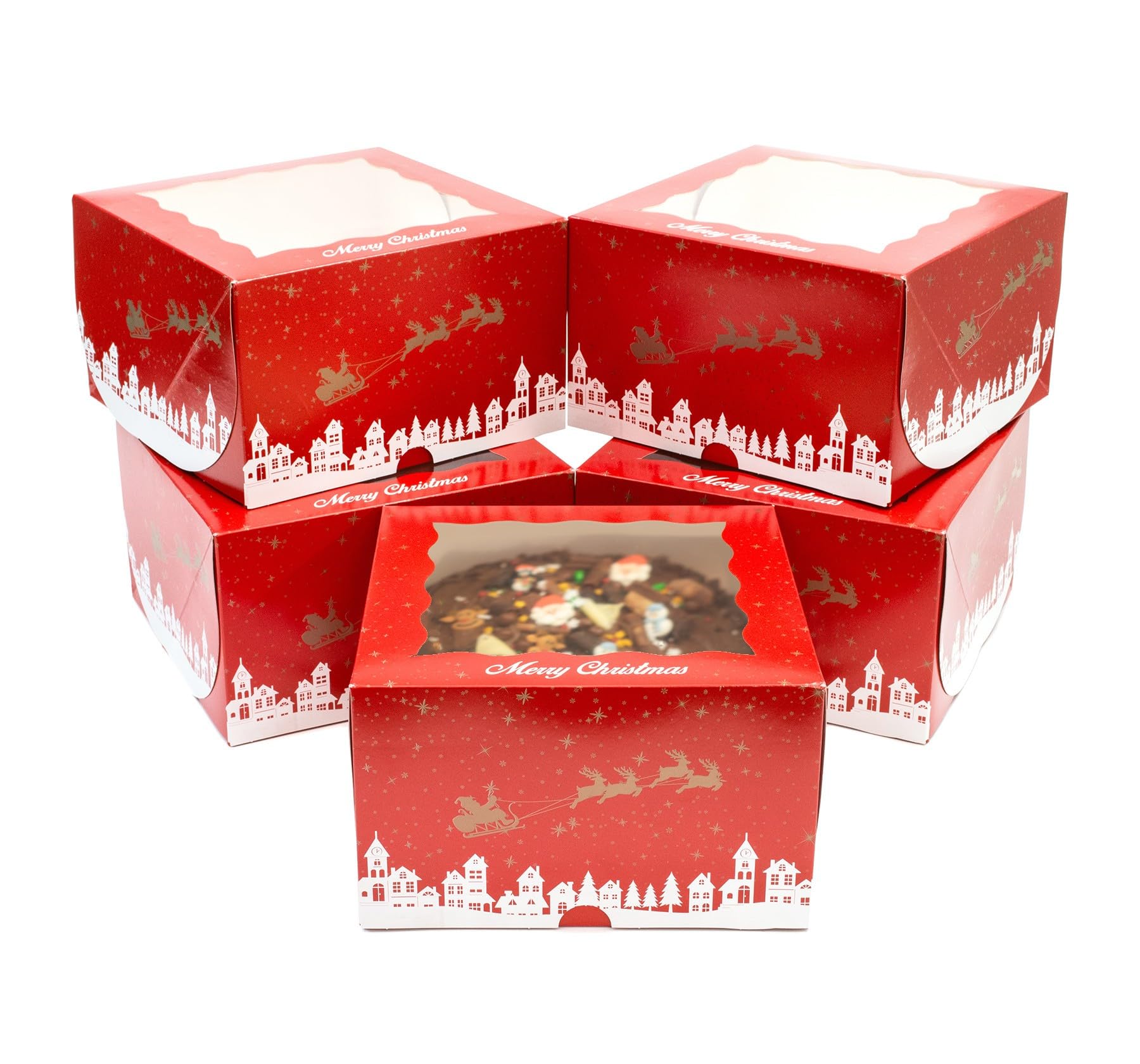Culpitt Christmas Cake Boxes | 5 Pack | Red & Gold Christmas Display Boxes With See Through Window, Strong Cake Boxes For The Festive Holidays, Gift, Storage, Protection | 250mm x 152mm - 5 Pack