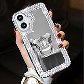 LUVI Compatible with iPhone 16 Mirror Case Bling for Women Girls with Ring Stand Cute Glitter Diamond Rhinestone Holder Finger Kickstand Luxury Fashion Cover Silver