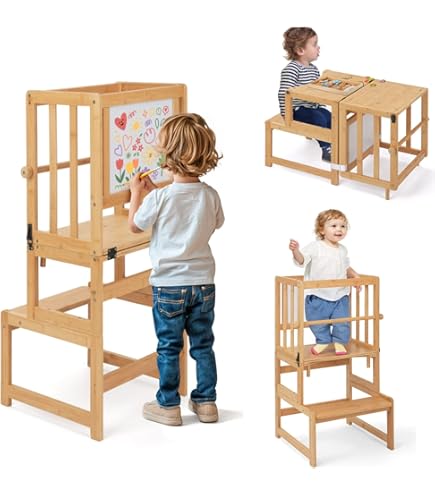 Montessori Kitchen Tower Stool For Toddlers 1-3 Years - Natural Pine Wood Learning Helper Supports 200 Lbs