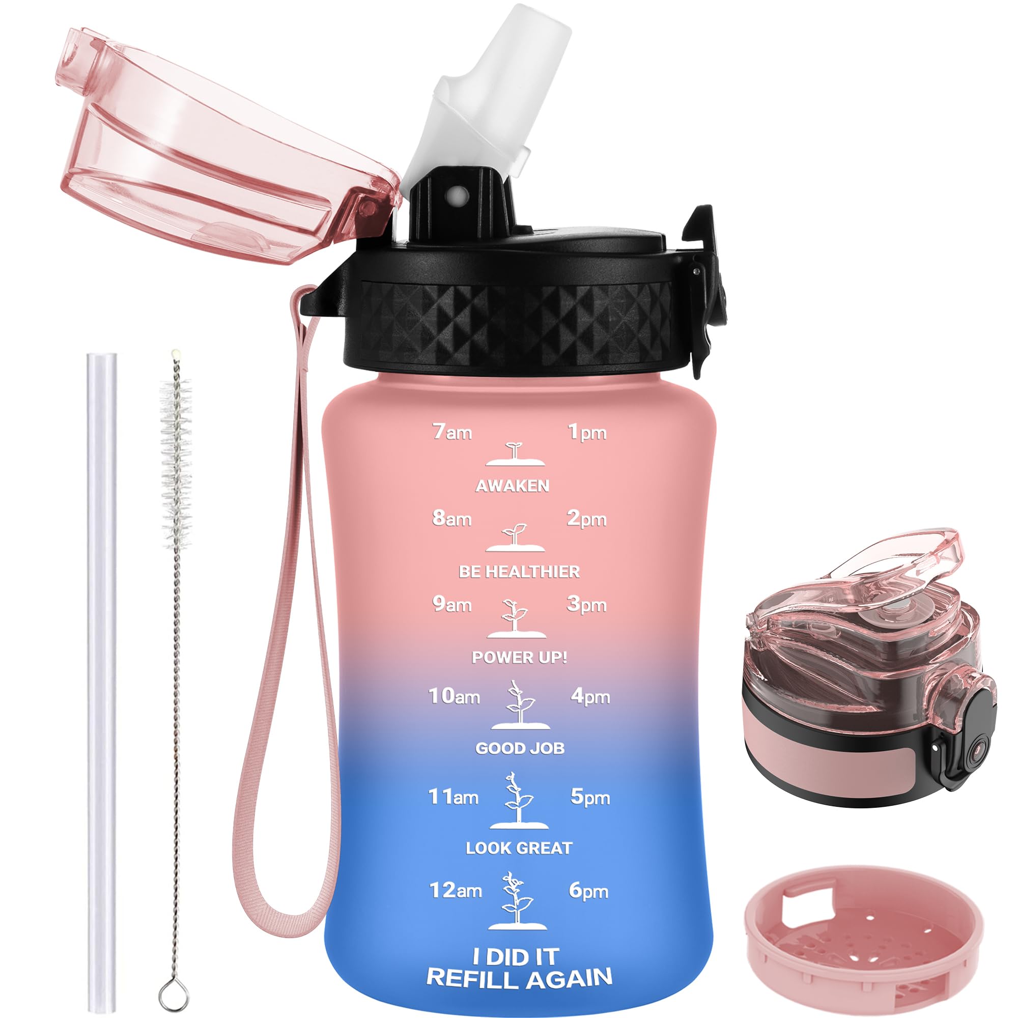 GOPPUS 350ml/12oz Kids Water Bottle With Straw Tritan Drinks Bottle with Strap Small Toddler Juice Bottles with Flip Top Lid Leakproof Children's Cup with Time Marking BPA free Girl Boy (Pink Blue)