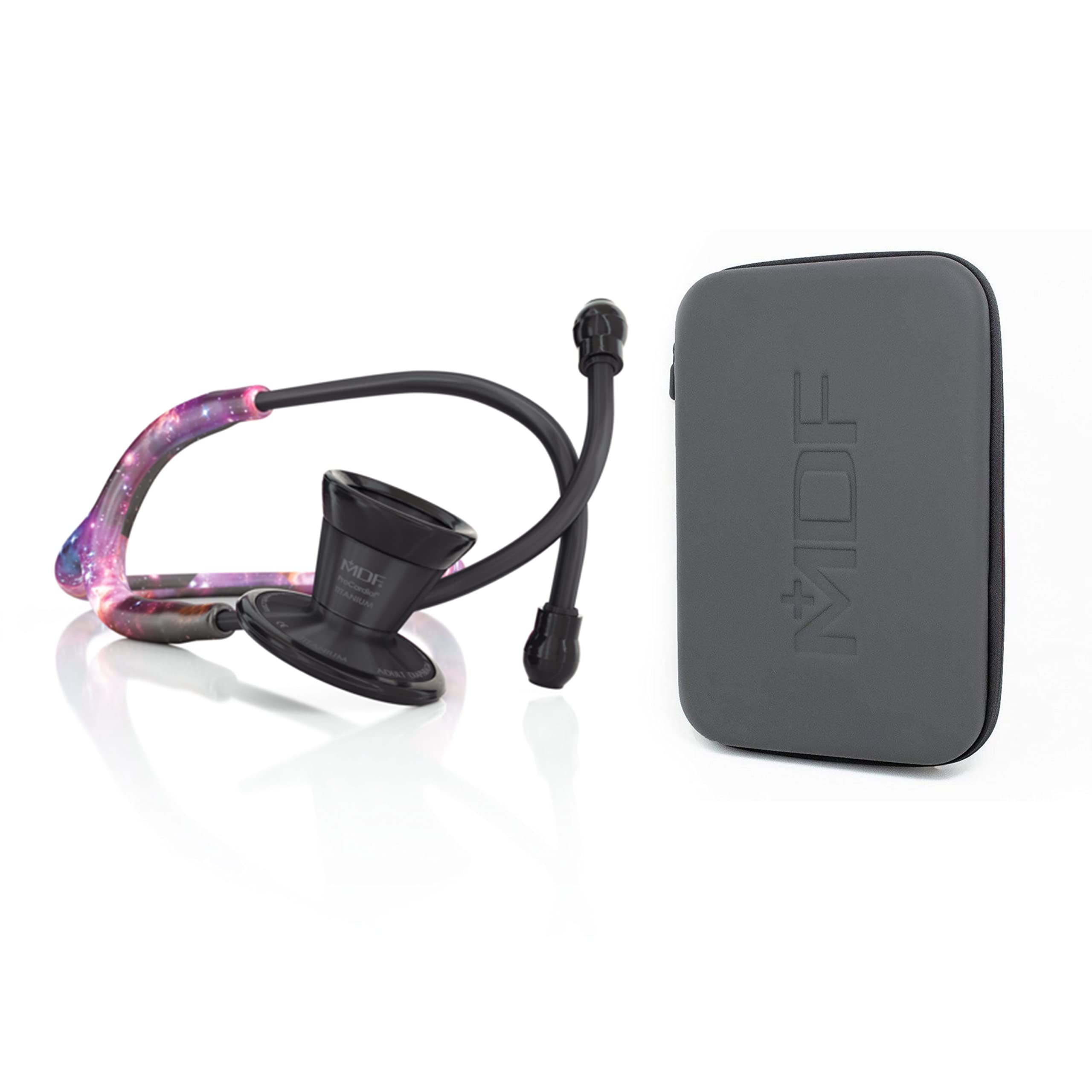 MDF Instruments, ProCardial Cardiology Stethoscope, Lightweight Titanium, Galaxy/BlackOut, MDF797TGXBO + MDF Hard Travel Carrying Case with Mesh Pocket, Medium Size