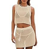 Fisoew Womens 2 Piece Crochet Sets Sleeveless Crop Tops Cover Up Beach Mini Skirt Outfits Vacation Sets