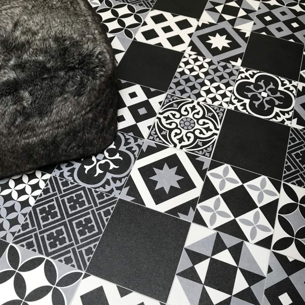 Victorian Tile Effect Sheet Vinyl Flooring Black, Grey & White Geometric Patterned Kitchen & Bathroom Cushioned Lino Roll Vivre 90 - Multiple Sizes Available (6m x 3m)