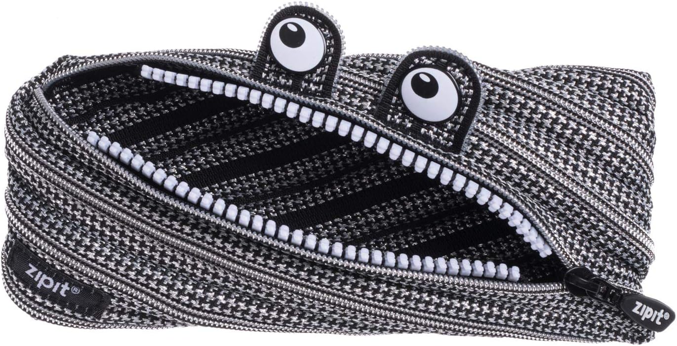 ZIPIT Monster Pencil Case for Kids, Large Capacity Cute Pencil Pouch, Holds Up to 30 Pens, Made of One Long Zipper (Black & Silver)