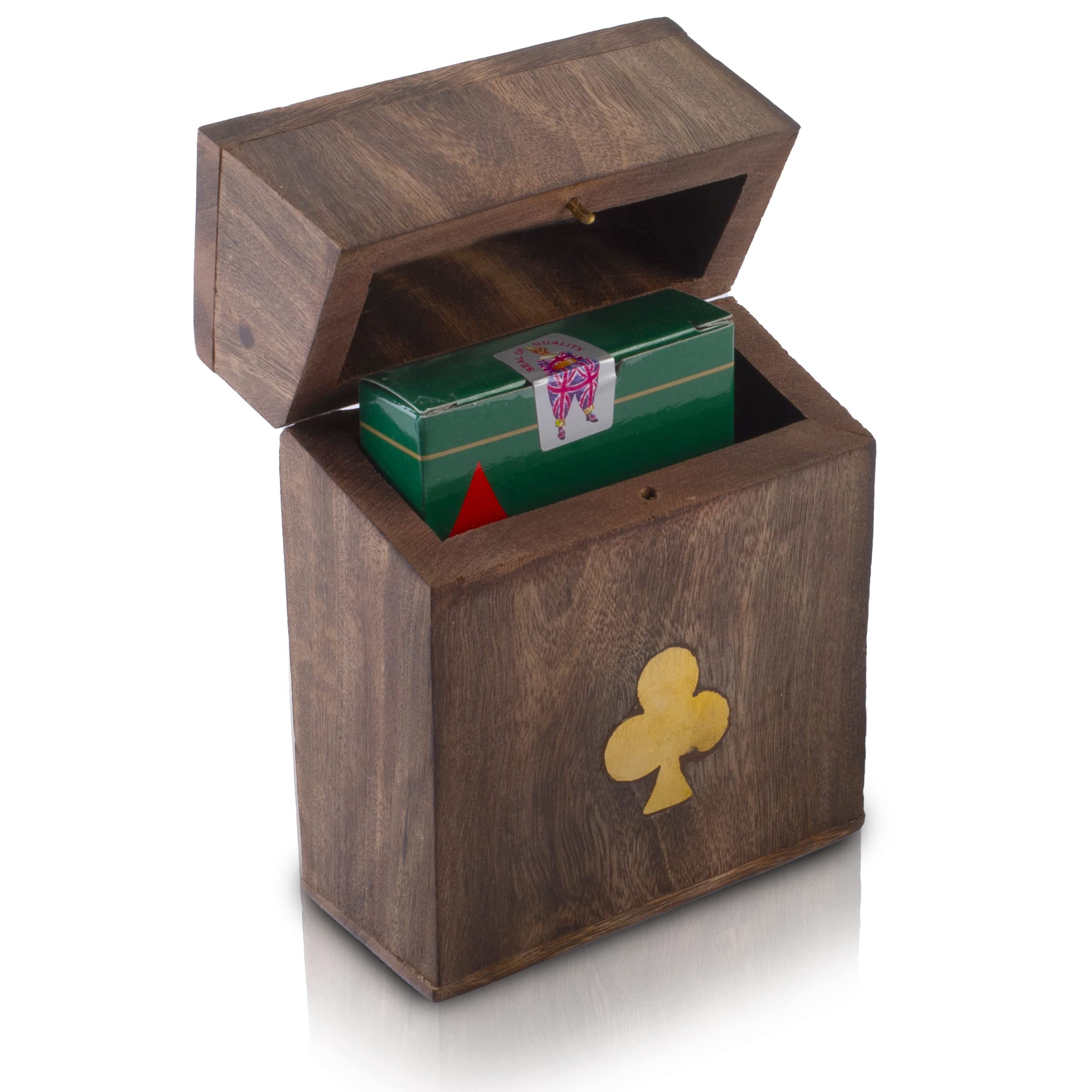 Unique Birthday Gift Ideas Handcrafted Classic Wooden Playing Card Holder Deck Box Storage Case Organizer With Premium Quality 'Ace' Playing Cards Anniversary Housewarming Gift Ideas (Club)