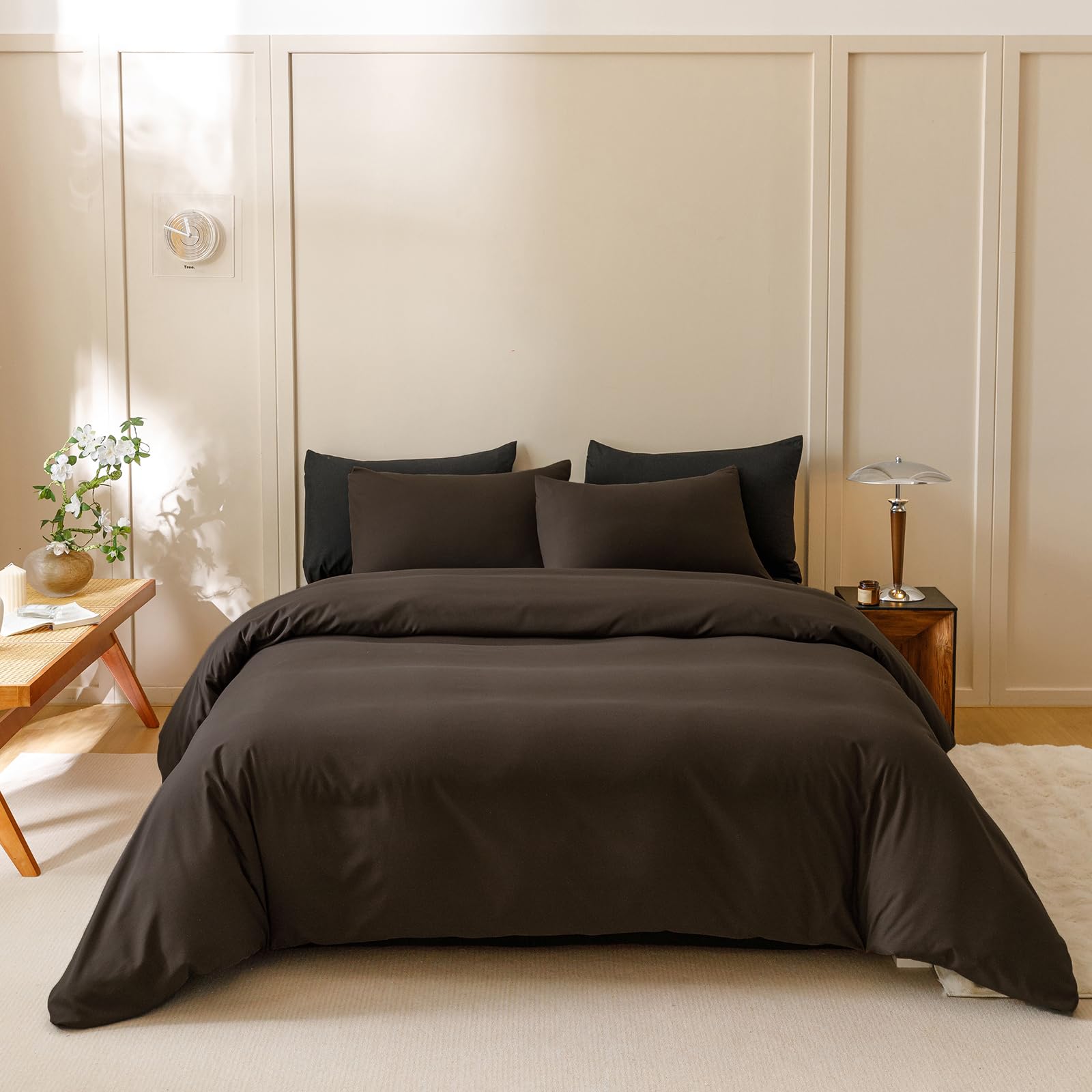 Photo 1 of KAREVER Dark Brown Comforter Set King Size Deep Brown Bedding Set 3 PCs Deep Coffee Color Comforter Set Fluffy Blanket King Size