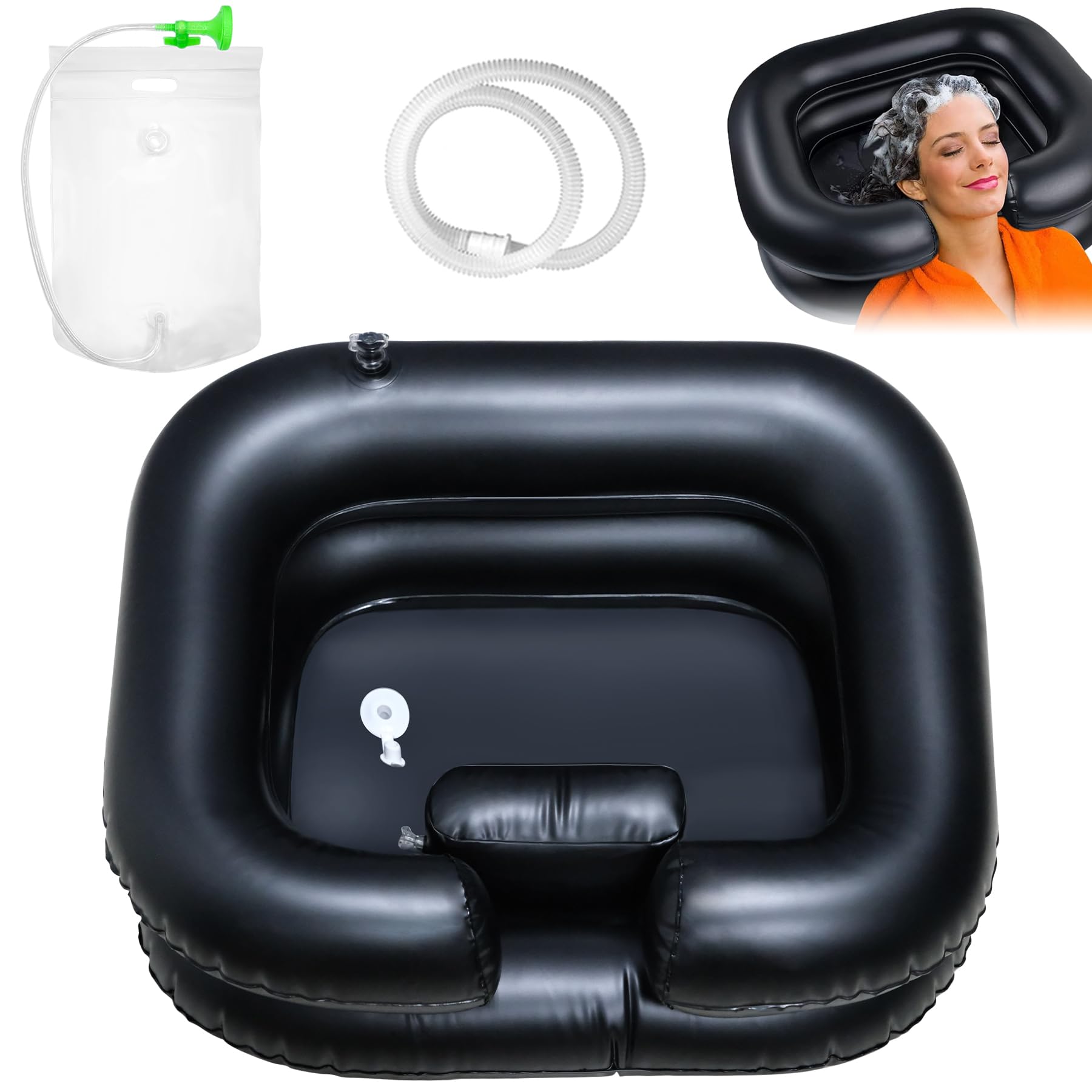 TZEKING Inflatable Sink, Portable Hair Wash Basin with Drainage Hose, Shower Head & Water Bag, 60x55x22 inches