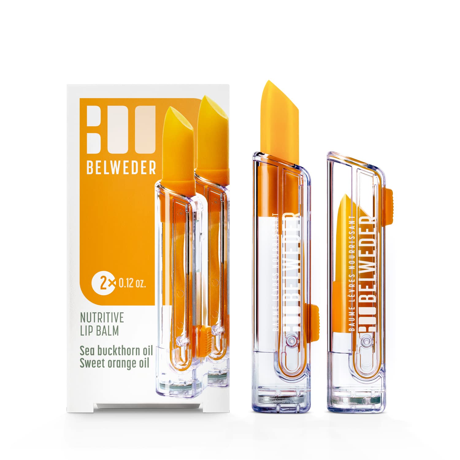 BELWEDER - Nourishing Lip Balm with Sea Buckthorn Oil and Sweet Orange Oil - Protective, Antioxidant and Regeneration - Lipstick Transparent - Lip Care for Men and Women (2 Sticks of 3,5g)