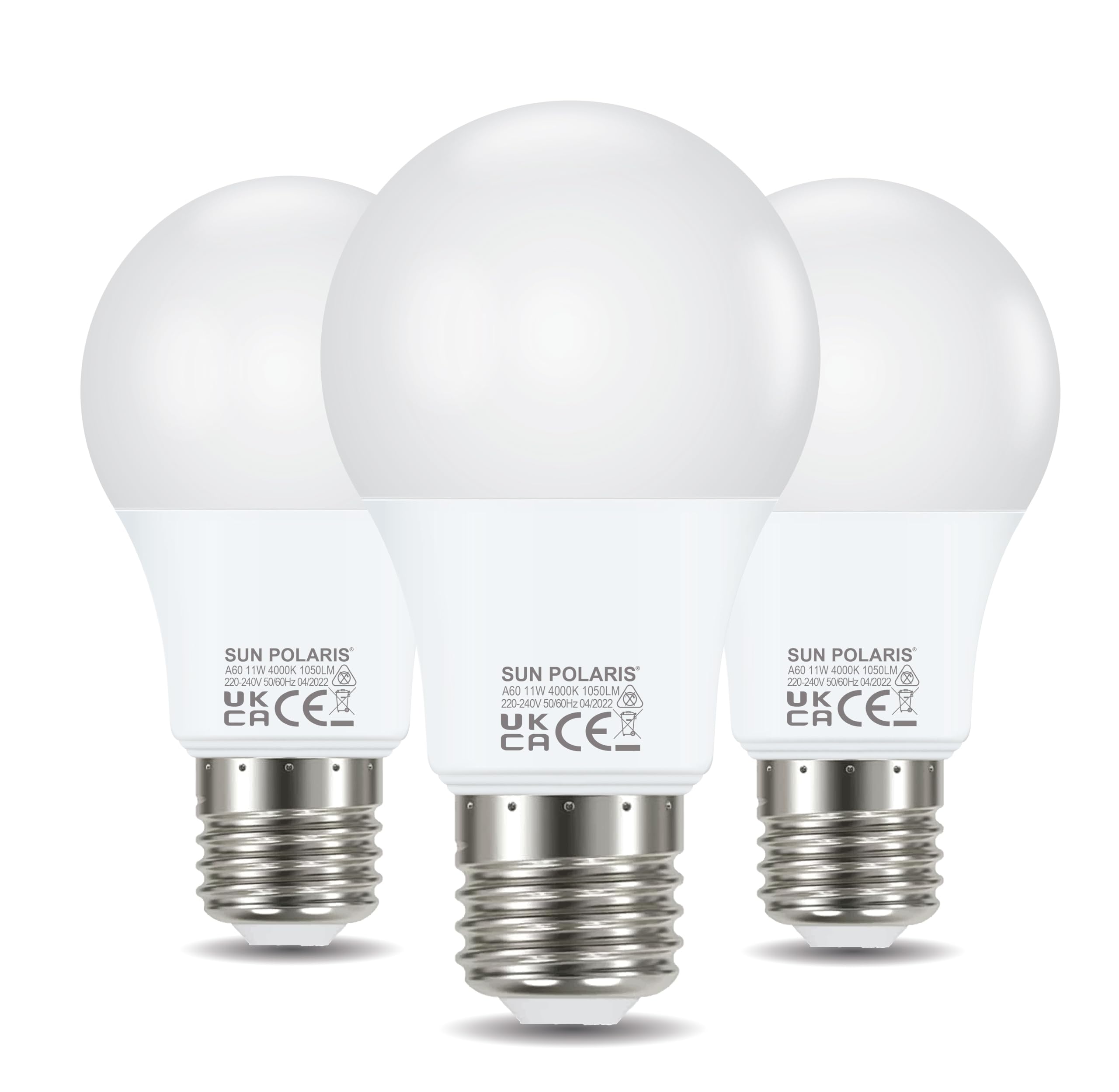 SUN POLARIS E27 Led Bulb Cool White - 4000k 75w Equivalent 11 Watt Edison Screw Lightbulbs, 1050 Lumens Energy Saving Non Dimmable Standard GLS Lightbulb, Natural Bright Light Bulbs For Home Pack of 3