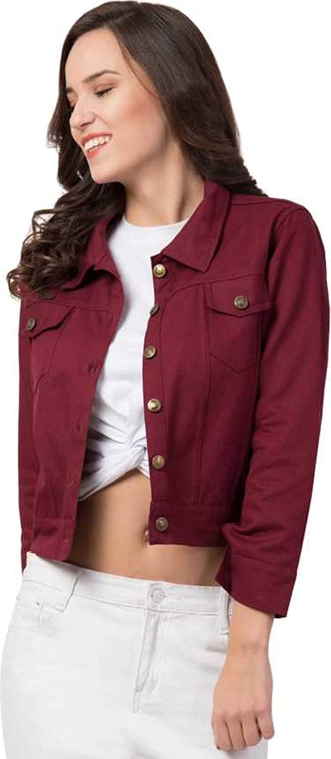 maroon color denim jacket