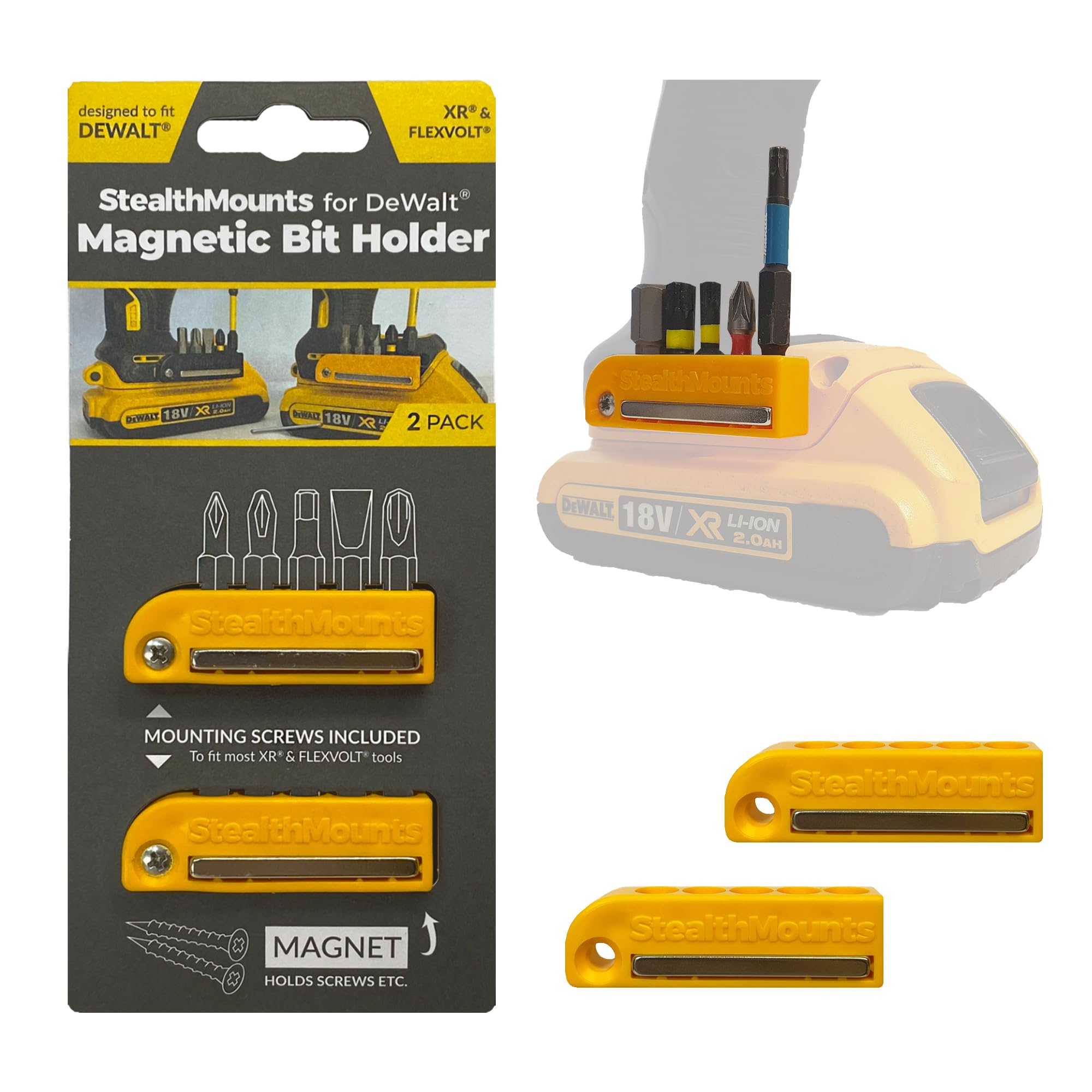 StealthMounts Yellow Magnetic Bit Holder | Drill Bit Organiser | Perfect Bit Holder Compatible with Dewalt XR & Flexvolt Drills and Impacts (2 Pack)