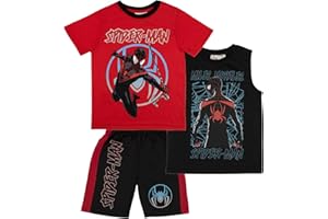 Marvel Avengers Spider-Man Black Panther Miles Morales Boys Superhero Short Sleeve T-Shirt, Tank Top and Mesh Shorts Set