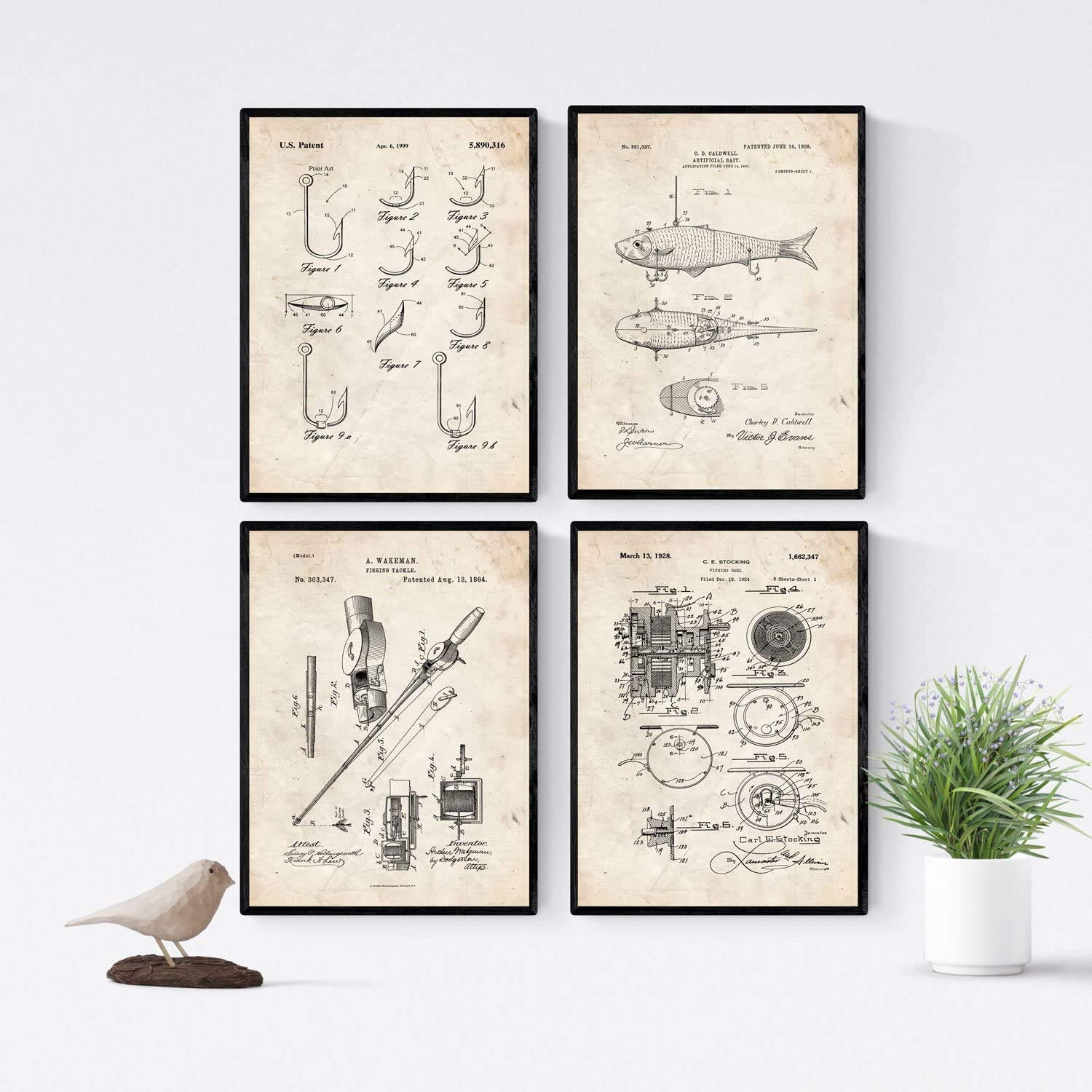 Nacnic Vintage - Pack of 4 Fishing Patent Sheets Ancient Patent and Invention Poster Set A3 Size.
