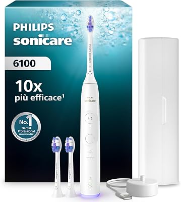 Sonicare 6100, spazzolino sonico con 2 modalità di spazzolamento e 3 livelli di intensità, avviso di pressione, EasyStart, SmarTimer, custodia da viaggio, bianco, HX7400/02 [Nuova tecnologia]