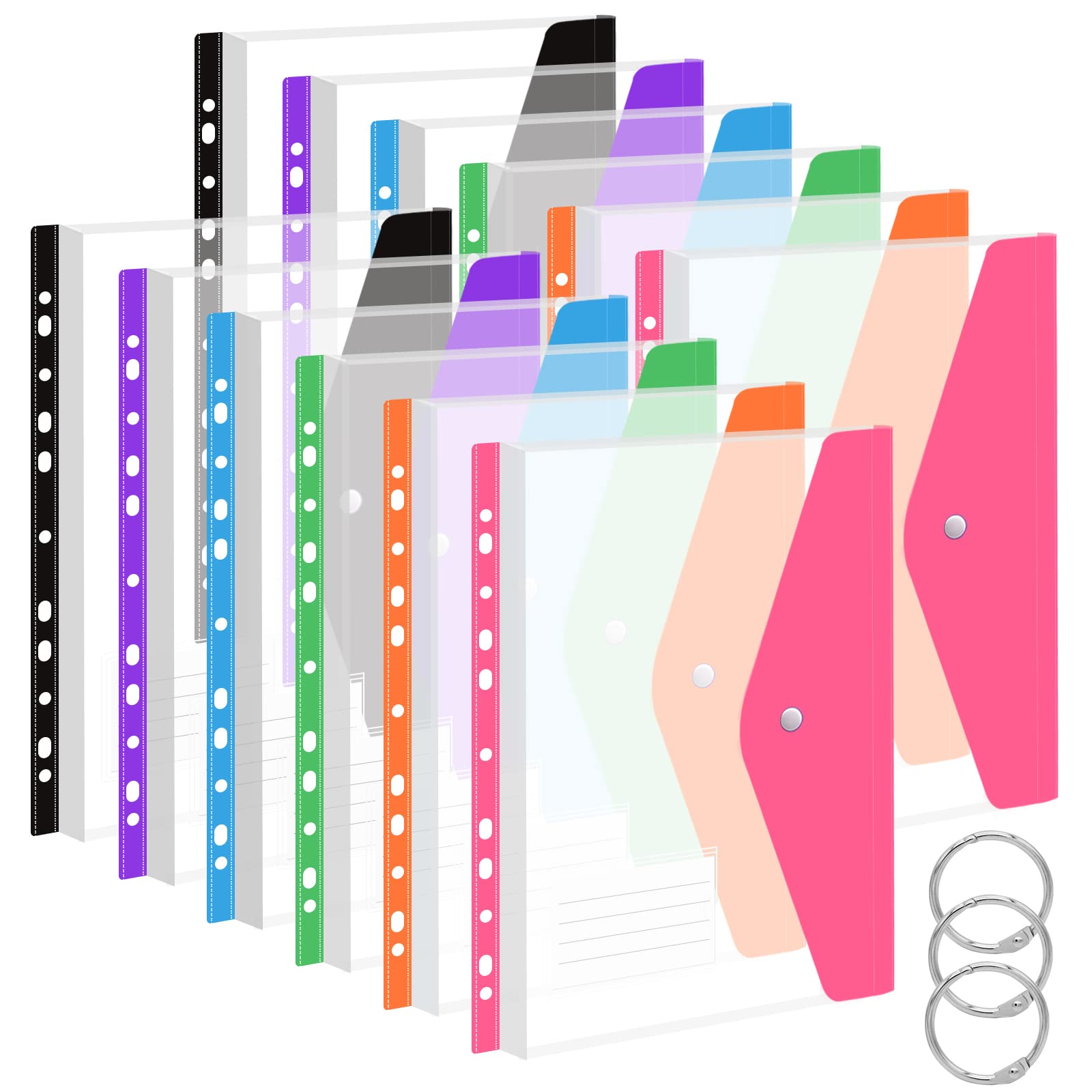 A4 Plastic Wallets Folders 12Pcs Punched Pockets Plastic Document Files Popper Wallets with Pocket for Home, Office and School