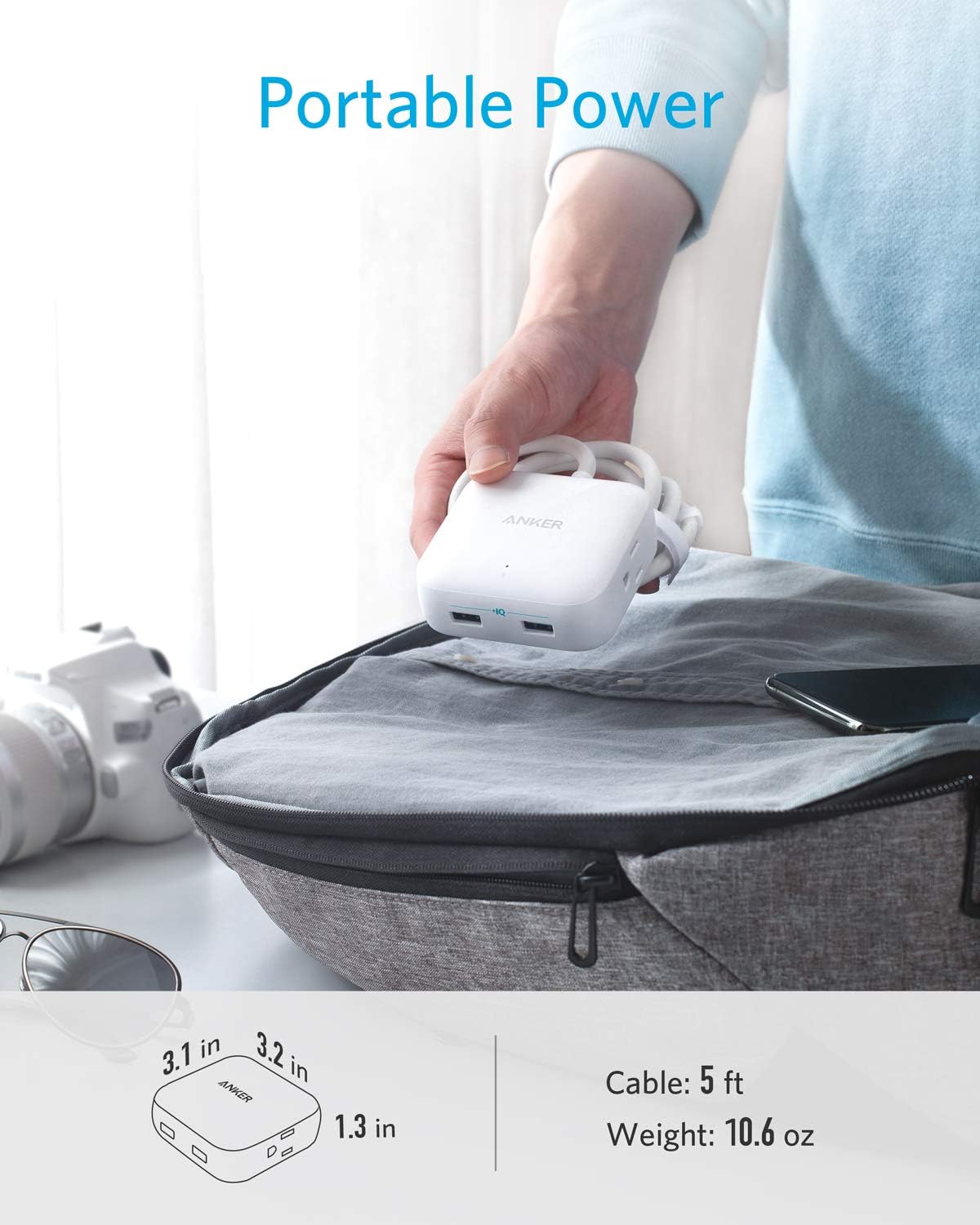 Anker Power Strip with USB, 2 Outlet & 2 PowerIQ USB Ports (24W) Travel Power Strip, Powerport Strip 2 Mini with 5ft Long Cord, Safety Door, Flat Plug, for Hotels, Dorm Room, Cruise Ships, and Home: Electronics