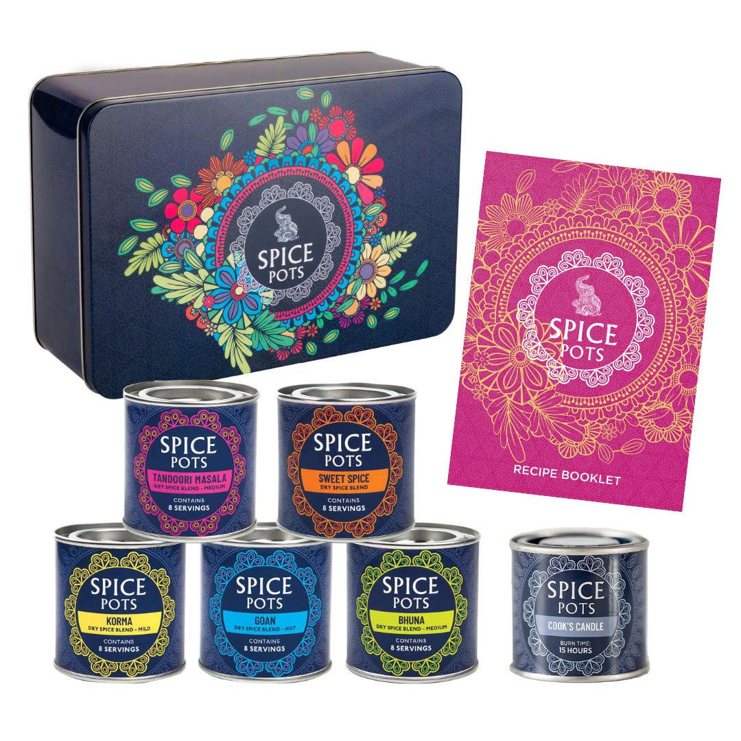 Spice Pots Indian Spice Box Gift Set – Housewarming & New Home Gift | 5 x 40g Spice Blends, 35-Recipe Indian Cookbook & Chef’s Candle | Foodie Kitchen Gift Tin for Couples
