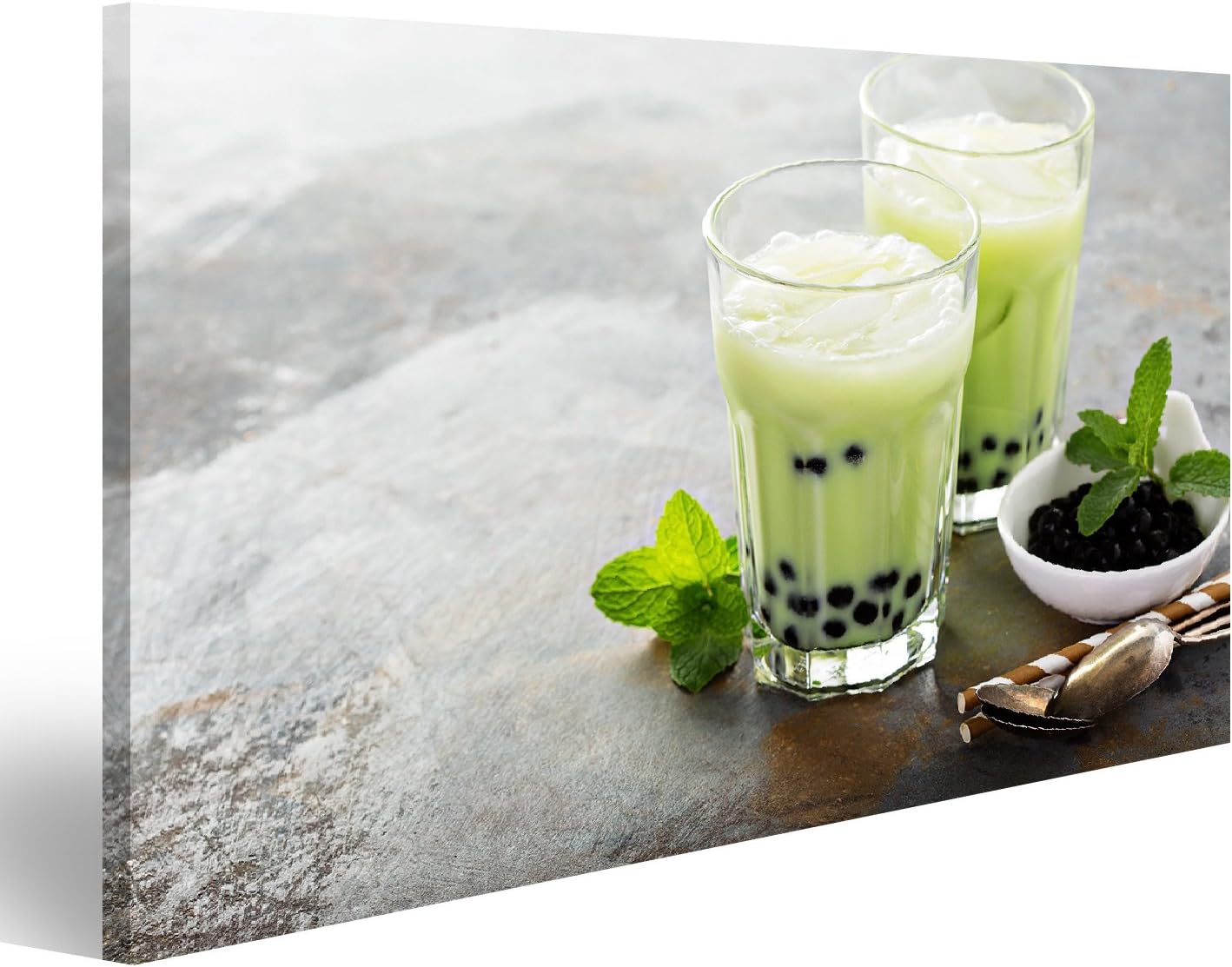 islandburner Canvas Wall Art Matcha bubble tea with tapioca pearls in tall glasses