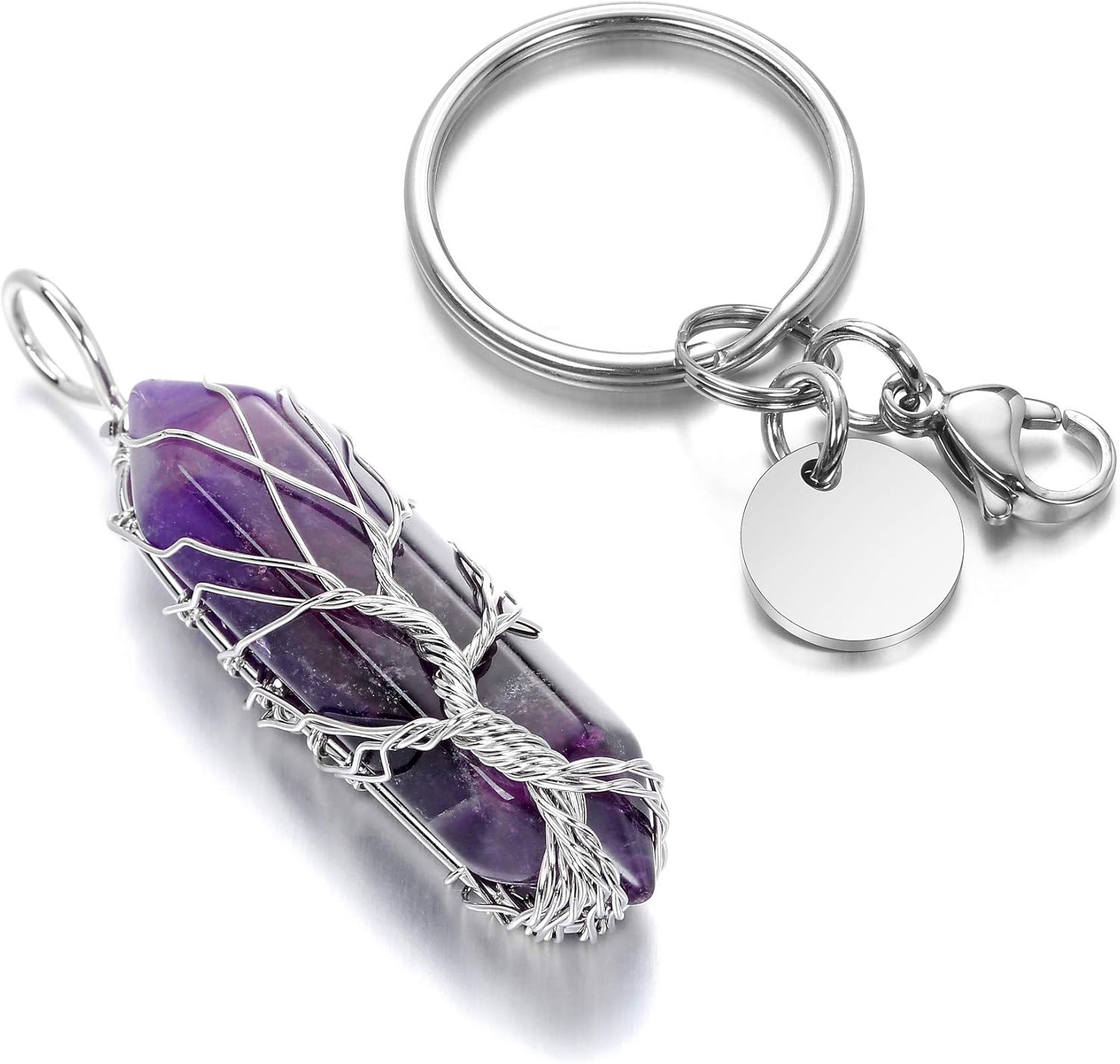 CrystalTears Amethyst Healing Crystal Keychain Tree Life Wire Wrapped Hexagonal Crystal Point Keyring Charms for Home Car Key Decor Gift for Women Girls Christmas - Image 4