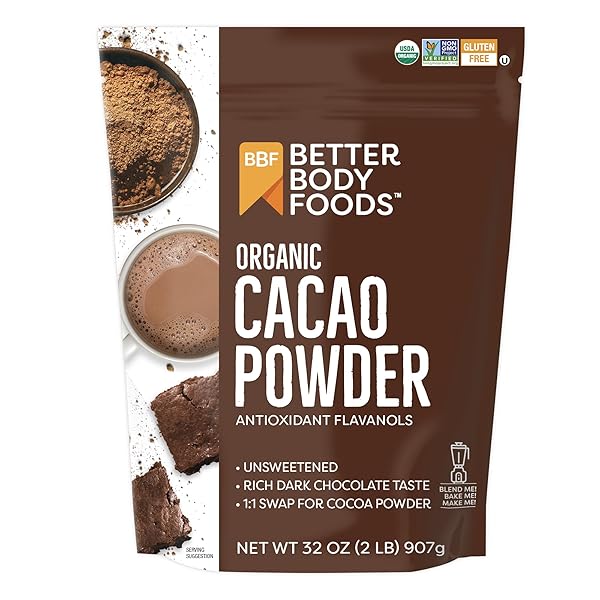BETTERBODY FOODS ORGANIC CACAO POWDER, UNSWEETENED, RICH CHOCOLATE FLAVOR, NON-GMO, GLUTEN-FREE, 32 OUNCE, 2 LB BAG