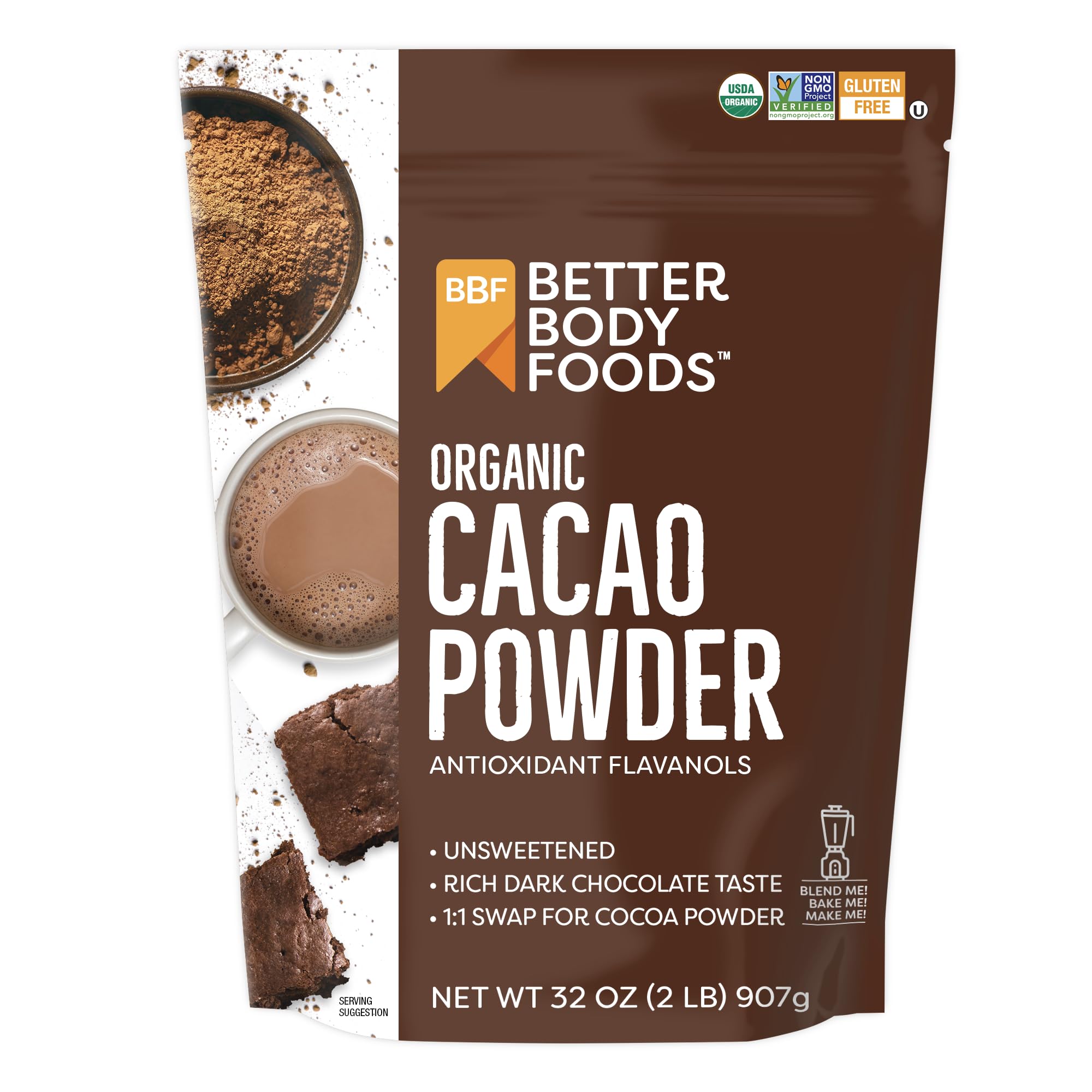 BetterBody Foods Organic Cacao Powder, Unsweetened, Rich Chocolate Flavor, Non-GMO, Gluten-Free, 32 Ounce, 2 lb bag Image