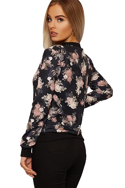 WearAll Damen Blumen Bomber Jacke Damen Lang Hülle Rose Druck Reißverschluss Besatzung Hals - 36-42