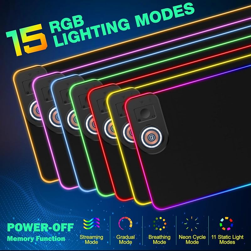Tapete de rato gaming RGB de 15 W, Qi, LED, 800 x 350 x 4 mm, 10 modos de iluminação com carregamento rápido de 10 W, carregamento sem fios Qi para telemóvel I-Phone 13/13 Pro, auscultadores