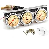 2'' 52mm Universal Chorme 12V DC Car Triple Gauge Kit Psi Oil Pressure Gauge Fahrenheit Water Temperature Temp Gauge Ammeter Gauge Set White Face Car Meter