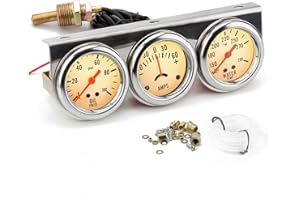 DYNO RACING 2'' 52mm Universal Chorme 12V DC Car Triple Gauge Kit Psi Oil Pressure Gauge Fahrenheit Water Temperature Temp Gauge Ammeter Gauge Set White Face Car Meter