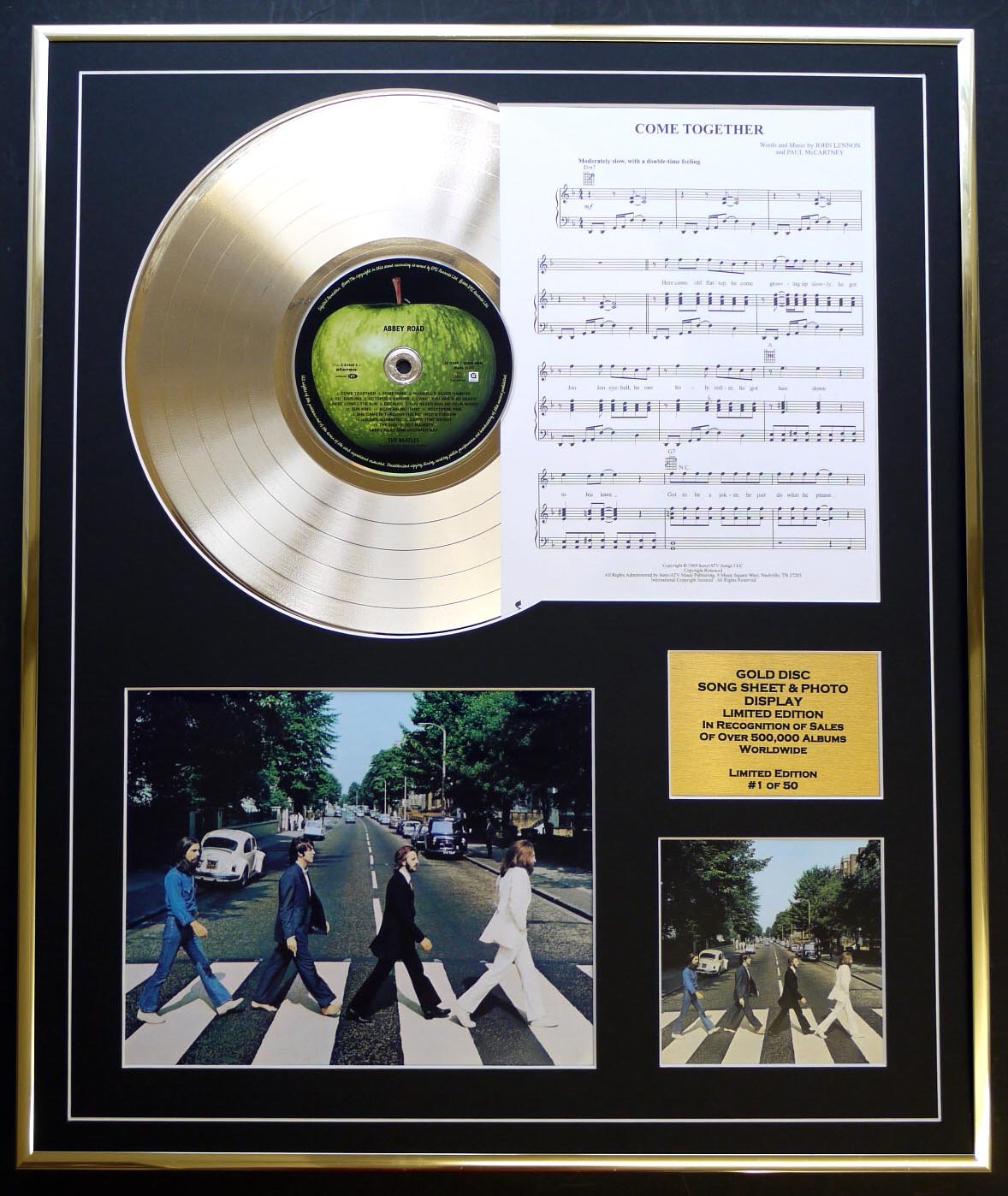 THE BEATLES/CD GOLD DISC, SONG SHEET & PHOTO DISPLAY/LTD. EDITION/COA/ALBUM ABBEY ROAD/SONG SHEET COME TOGETHER
