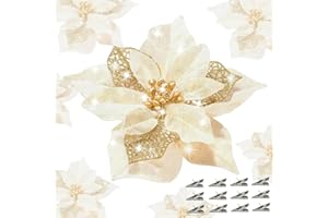QIHANS 24 Pcs Christmas Poinsettia Flowers Artificial with Clips, 5.9" Christmas Decor Glitter Poinsettia Flowers for Christmas Tree New Year Wedding Party Wreath DIY Garland Decor (Gold)