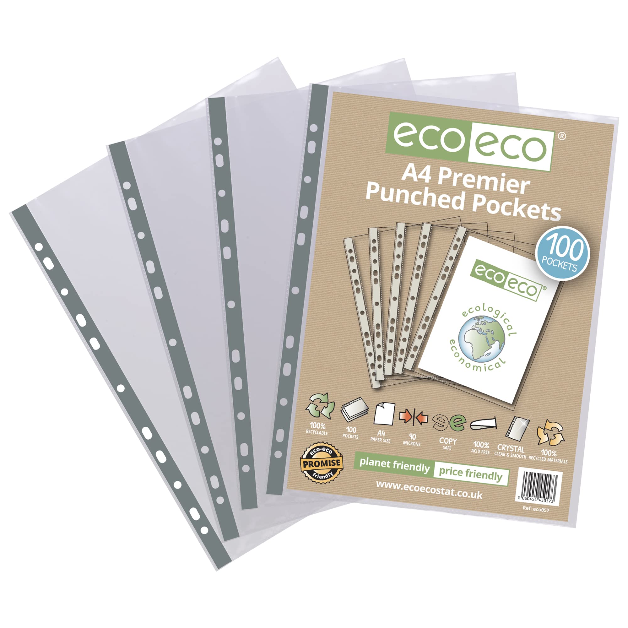 eco-eco A4 100% Recycled Premier Multi Punched Pockets Glass Clear, Transparent Poly Wallet Sheet Protector, 90 Microns (Pack of 100)