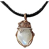 Designs by Nature Gems Moonstone Wire Wrapped Pendant, Copper Crystal Necklace, With 24 Inch Black Leather Cord, June Birthstone Jewelry, Handmade in North America