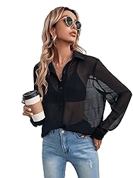 Floerns Women's Button Front Long Sleeve Mesh Shirt
