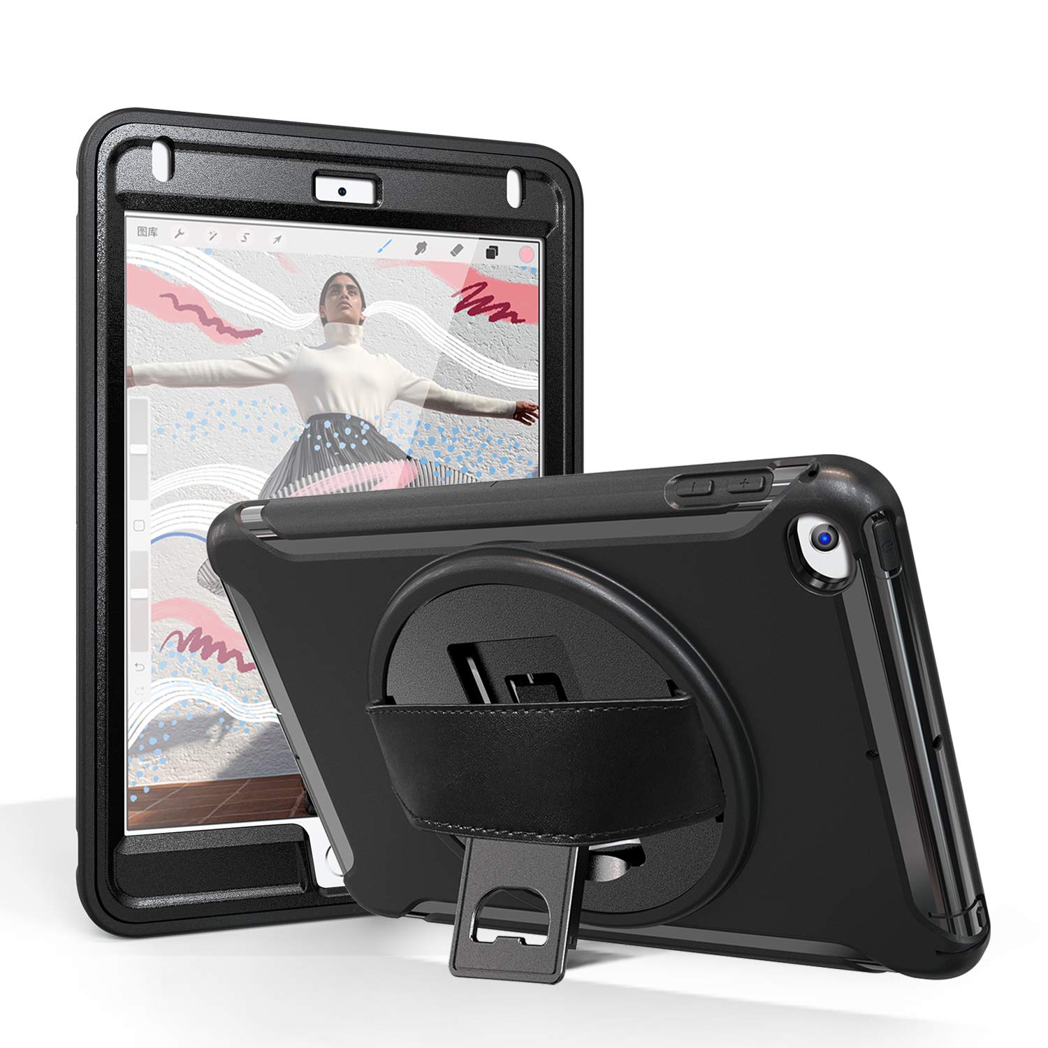 MadeRy Kids Case for iPad Mini 5 (2019) / iPad Mini 4 7.9 inch, Full-body Shockproof Stand Case Cover with Rotatable Hand Strap. (Black)