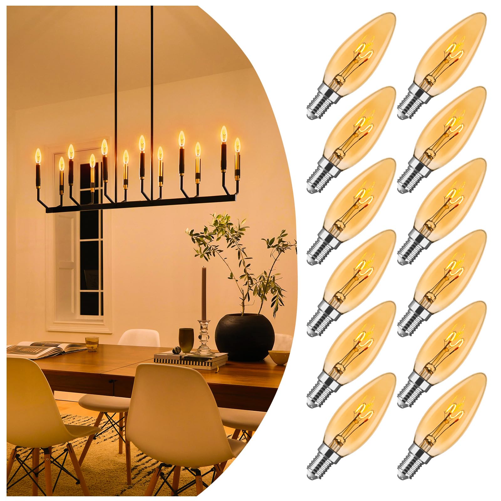 Photo 1 of ***SEE CLERK COMMENTS*** E12 Candelabra Light Bulbs 20W 25W Replacement, Super Thin Filament E12 LED Light Bulbs Dimmable, Chandelier Candle Light Bulb 2000K Soft Warm, Amber Candelabra Type B Light Bulb 12 Pack