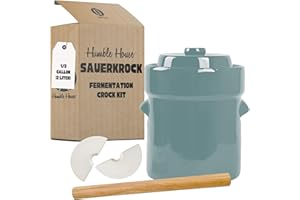 Humble House SAUERKROCK Fermentation Crock 2 Liter / 0.5 Gallon Ceramic Jar in Sea Salt Green for Fermenting Pickling Kimchi, Sauerkraut, Pickles, Vegetables, Kombucha-Glazed Weights, Lid, Pounder